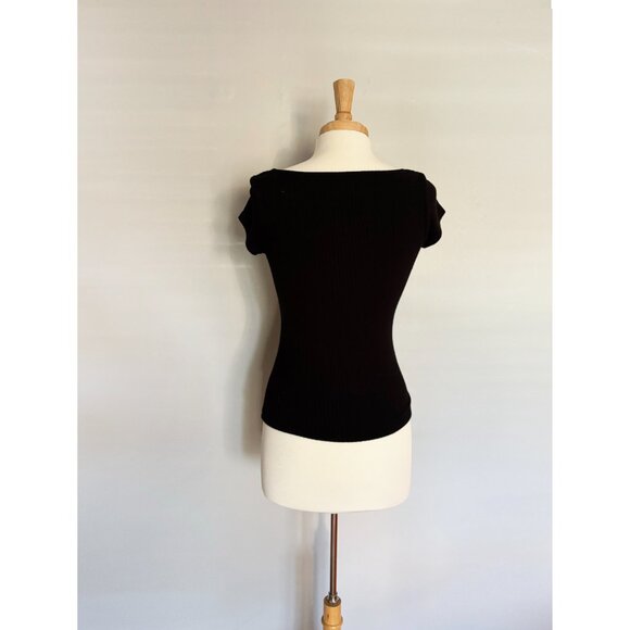 Reformation Bardot Black Rib Knit Square Neck Cap Sleeve Top MEDIUM - Picture 3 of 4